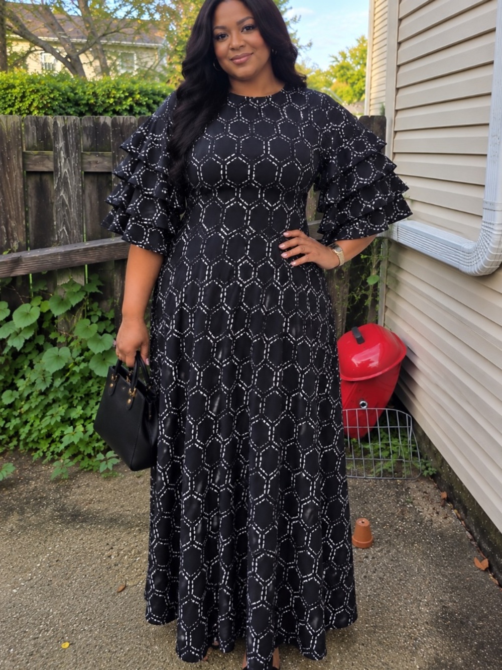 Black Geometric Ruffle Maxi Dress
